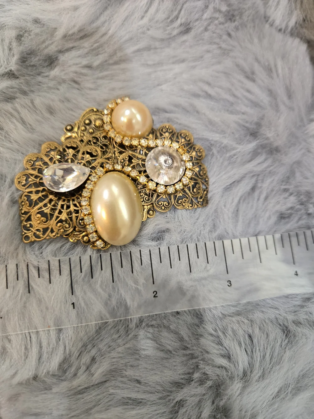 Gold Filigree Pearl & Crystal Brooch - Gold Tone